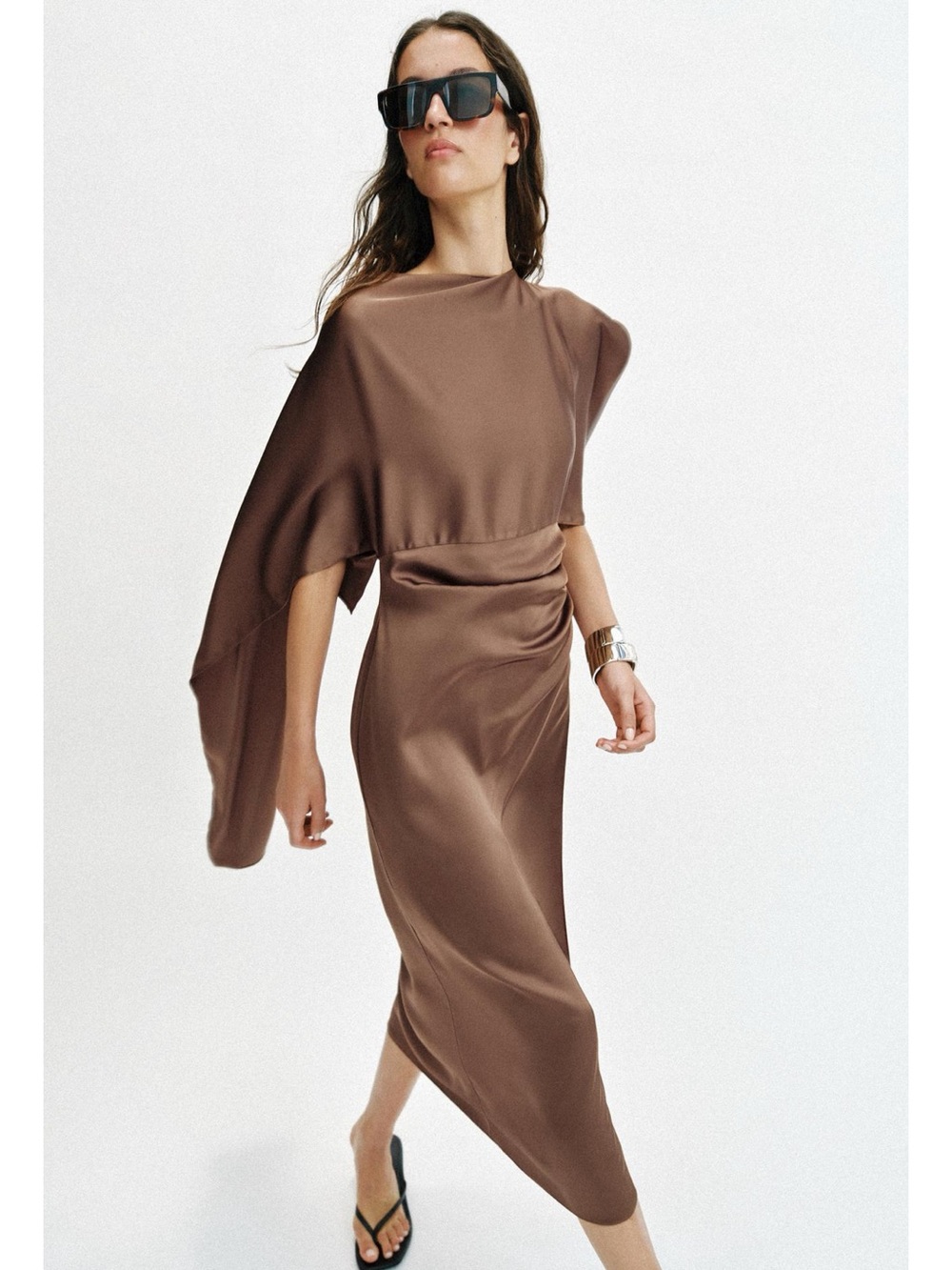 Satin One-Shoulder Midi Dress in Brown